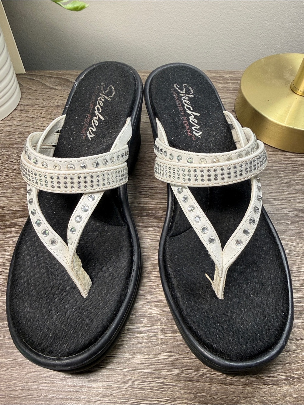 Skechers White Rhinestone Wedge Sandals Size 8 RUNS SMALL Fits Like 7 - 7.5